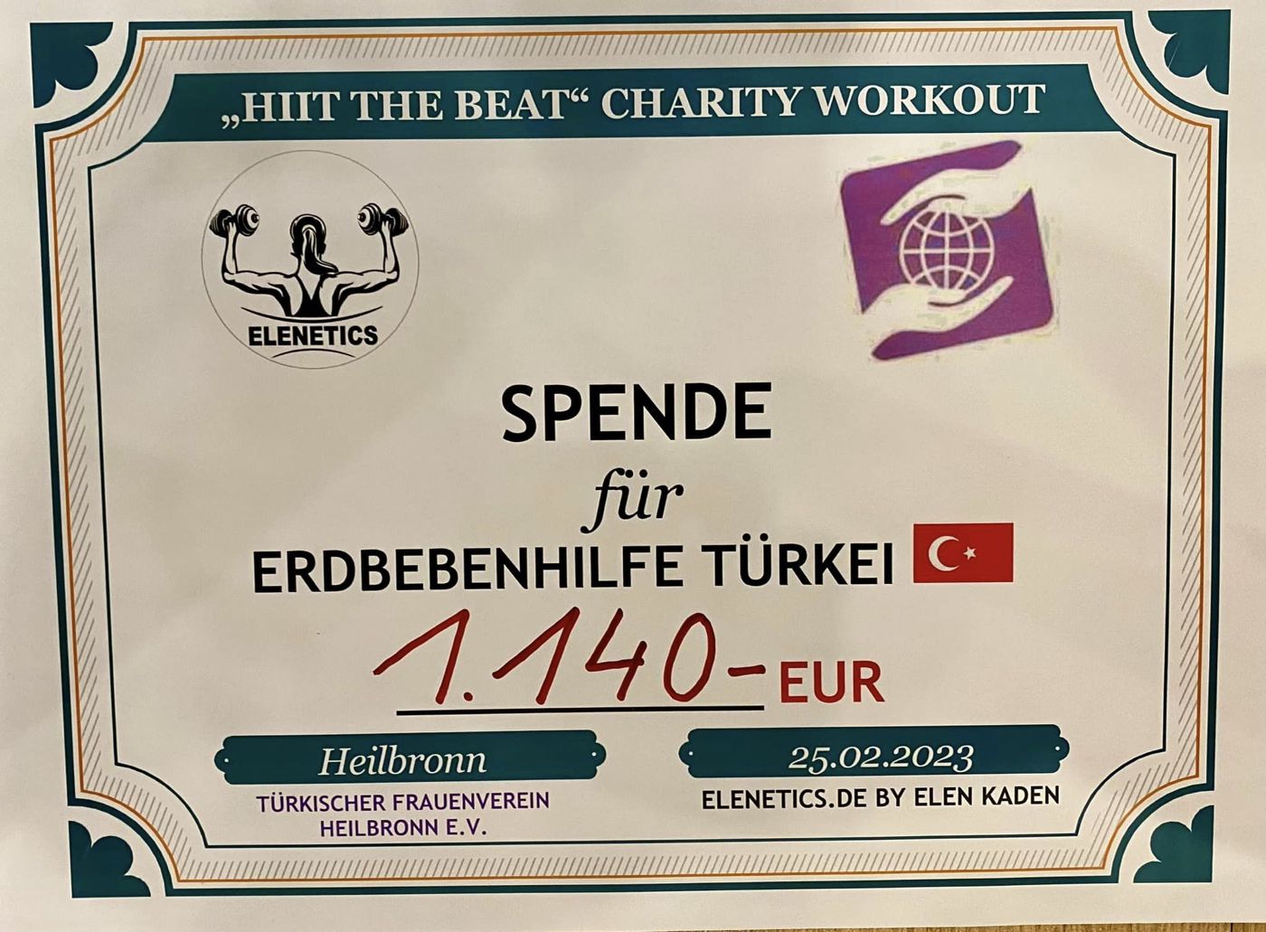 Spendenurkunde über 1.140 Euro für die Erdbebenhilfe Türkei